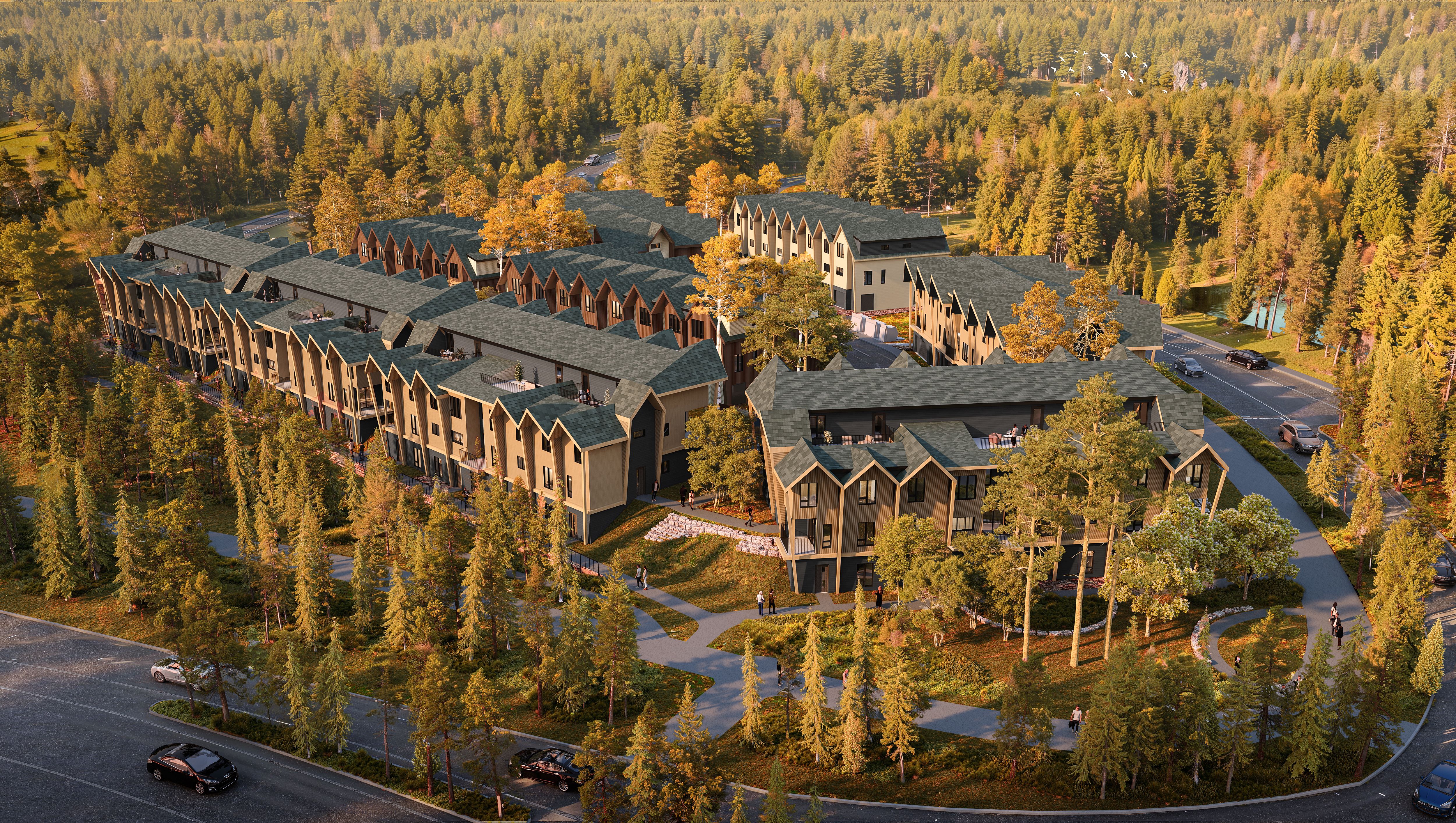 realistic rendering of a new townhouse complex surrounded by trees