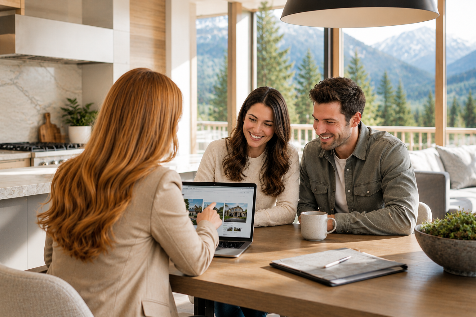 Couple sitting down with agent looking over proeprties