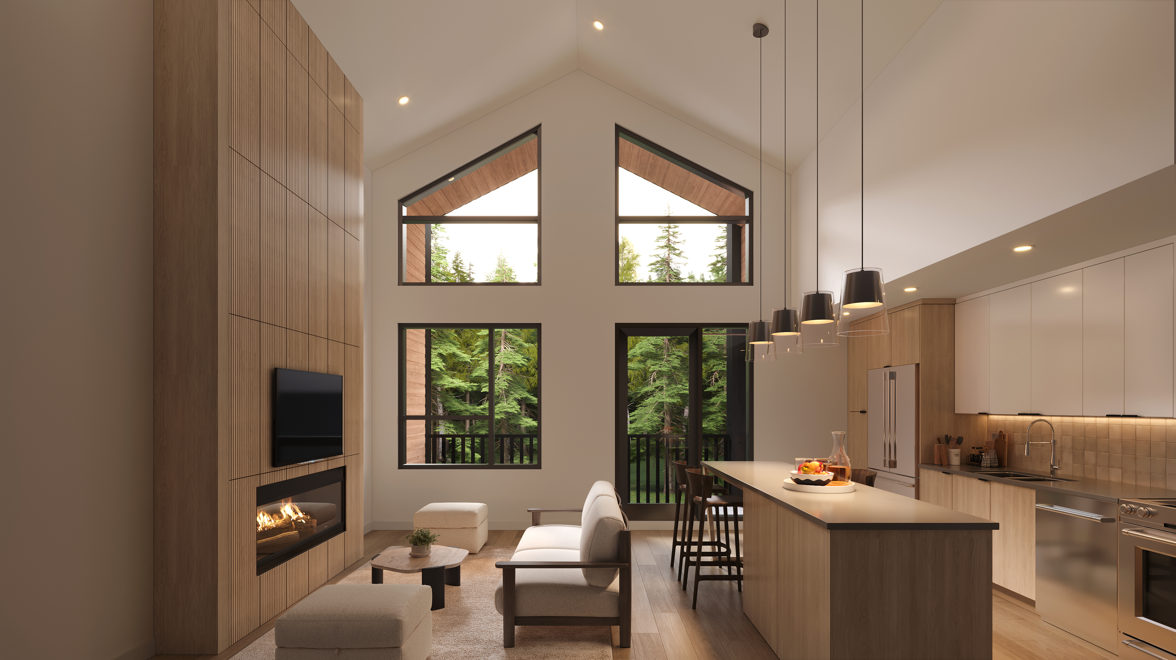living room and kitchen with vaulted ceilings and natural warm finishes